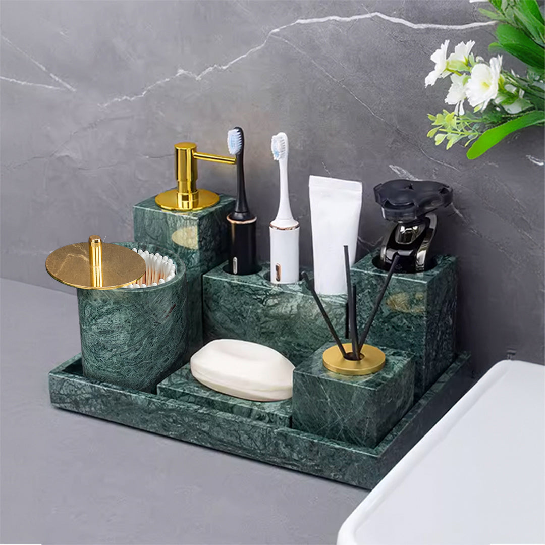 Indian Green Marble Round Cotton Swab Jar (bright gold lid) CBJ840-6 -  Bathroom Accessories - ebarza Furniture UAE | Shop Modern Furniture in Abu Dhabi & Dubai - مفروشات ايبازرا في الامارات | تسوق اثاث عصري وديكورات مميزة في دبي وابوظبي