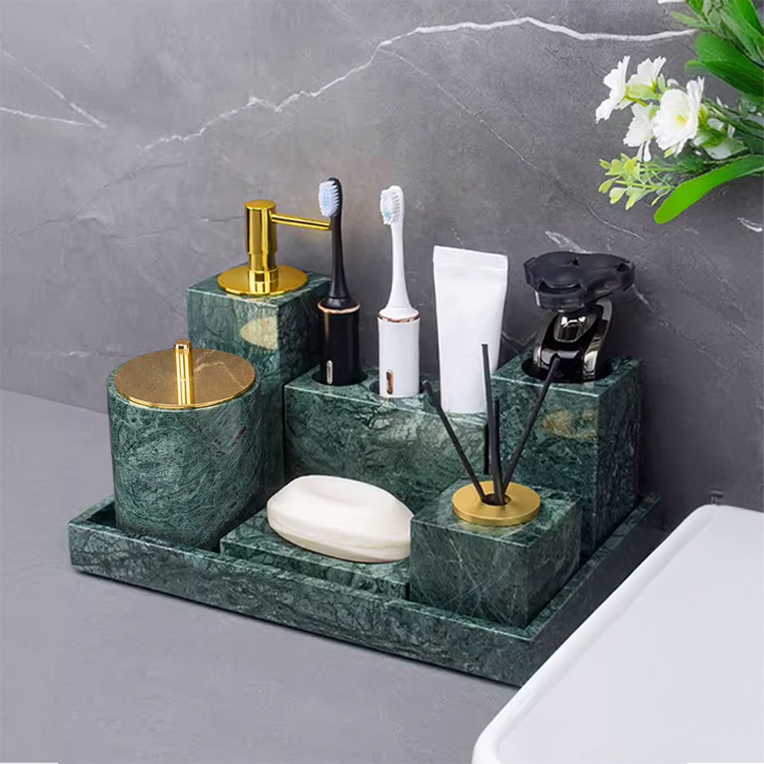 Indian Green Marble Square High Hand Sanitizer Bottle (Bright Gold Nozzle) SBK840-1 -  Bathroom Accessories - ebarza Furniture UAE | Shop Modern Furniture in Abu Dhabi & Dubai - مفروشات ايبازرا في الامارات | تسوق اثاث عصري وديكورات مميزة في دبي وابوظبي