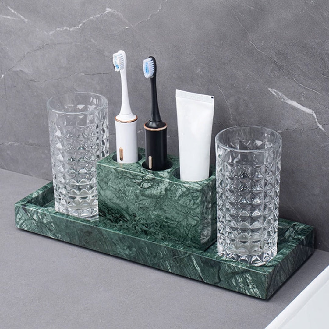 Indian Green Marble Three Hole Toothbrush Holder THB840 -  Bathroom Accessories - ebarza Furniture UAE | Shop Modern Furniture in Abu Dhabi & Dubai - مفروشات ايبازرا في الامارات | تسوق اثاث عصري وديكورات مميزة في دبي وابوظبي