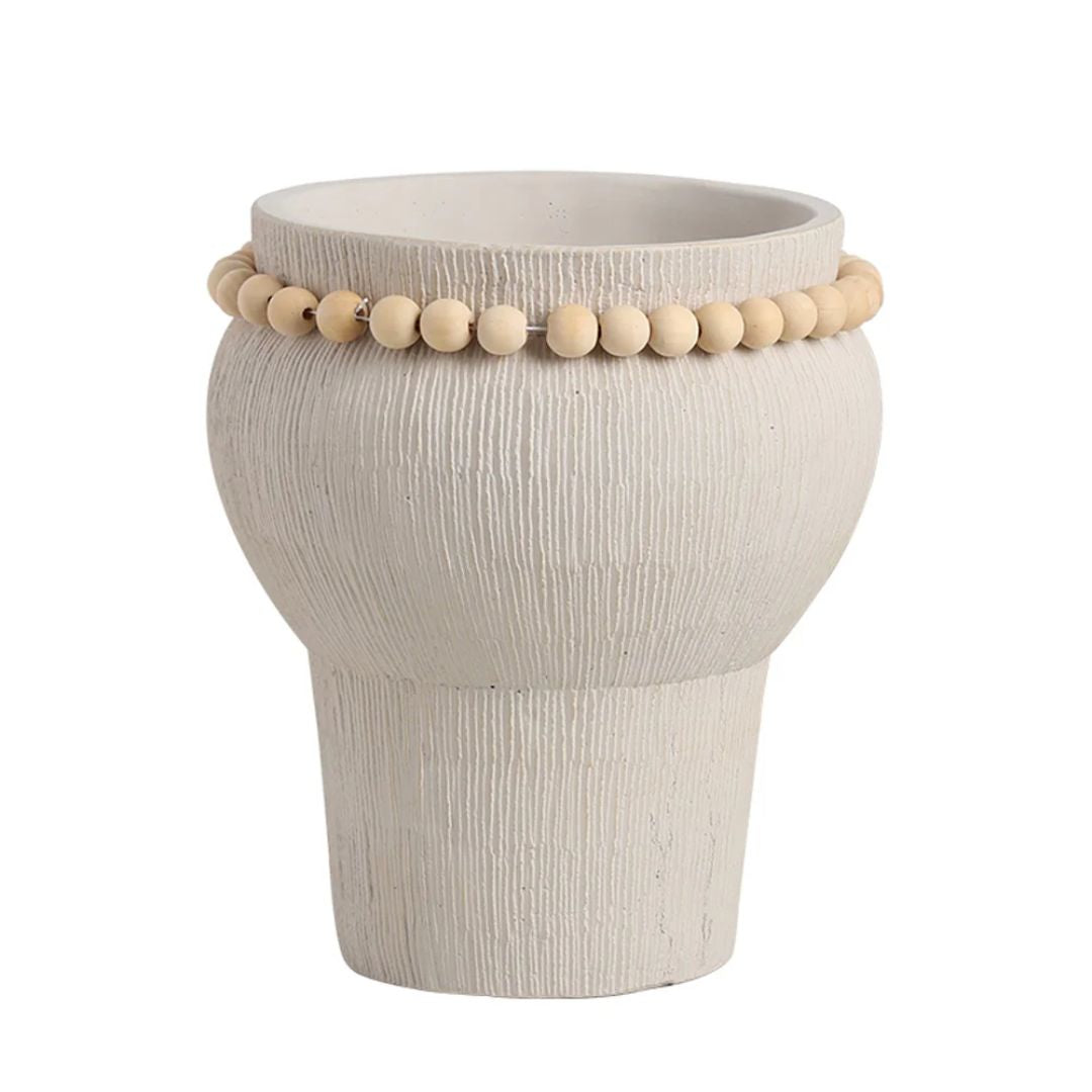 Beige Cement Vase With Bead Detail -A FF-SN24023A -  Vases - ebarza Furniture UAE | Shop Modern Furniture in Abu Dhabi & Dubai - مفروشات ايبازرا في الامارات | تسوق اثاث عصري وديكورات مميزة في دبي وابوظبي