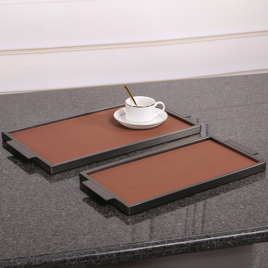 LEATHER & METAL BROWN TRAY-L W6047B -  Trays - ebarza Furniture UAE | Shop Modern Furniture in Abu Dhabi & Dubai - مفروشات ايبازرا في الامارات | تسوق اثاث عصري وديكورات مميزة في دبي وابوظبي