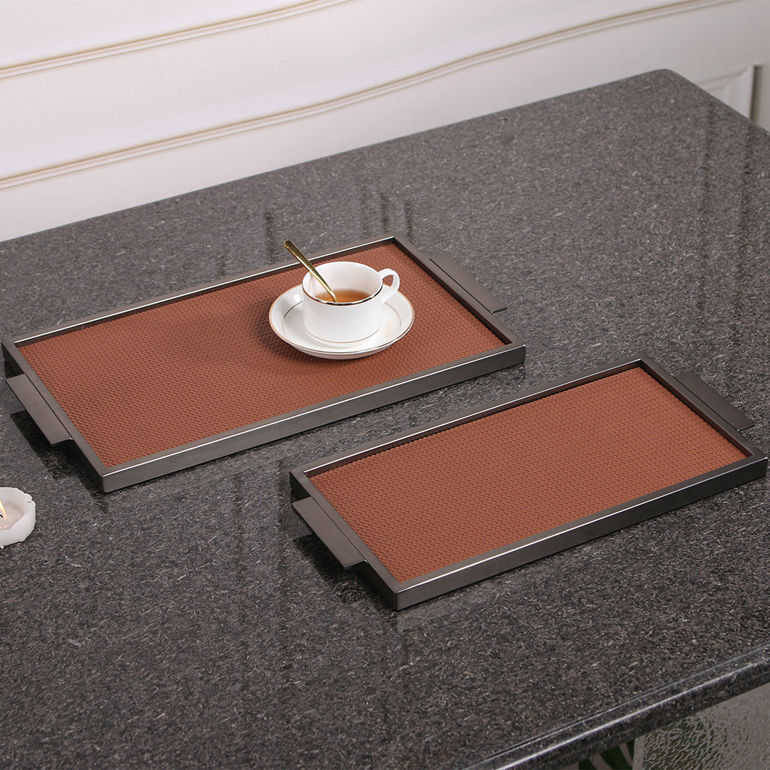 LEATHER & METAL BROWN TRAY-L W6047B -  Trays - ebarza Furniture UAE | Shop Modern Furniture in Abu Dhabi & Dubai - مفروشات ايبازرا في الامارات | تسوق اثاث عصري وديكورات مميزة في دبي وابوظبي