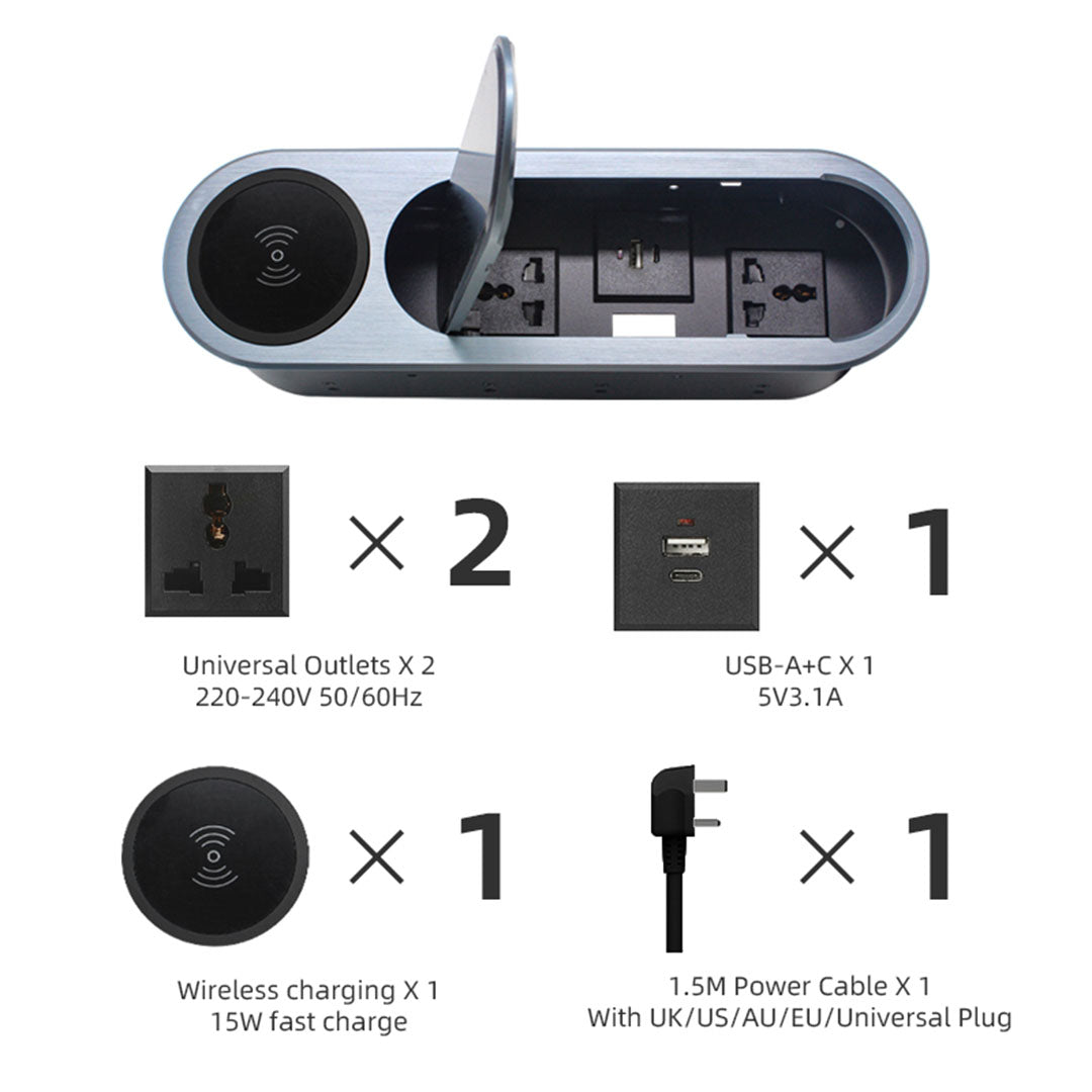 Pre-order 90 Days Delivery Oral Desktop Socket With Wireless Charger AH08-D -  Power Track System | نظام تتبع الطاقة 120X8 سم - ebarza Furniture UAE | Shop Modern Furniture in Abu Dhabi & Dubai - مفروشات ايبازرا في الامارات | تسوق اثاث عصري وديكورات مميزة في دبي وابوظبي