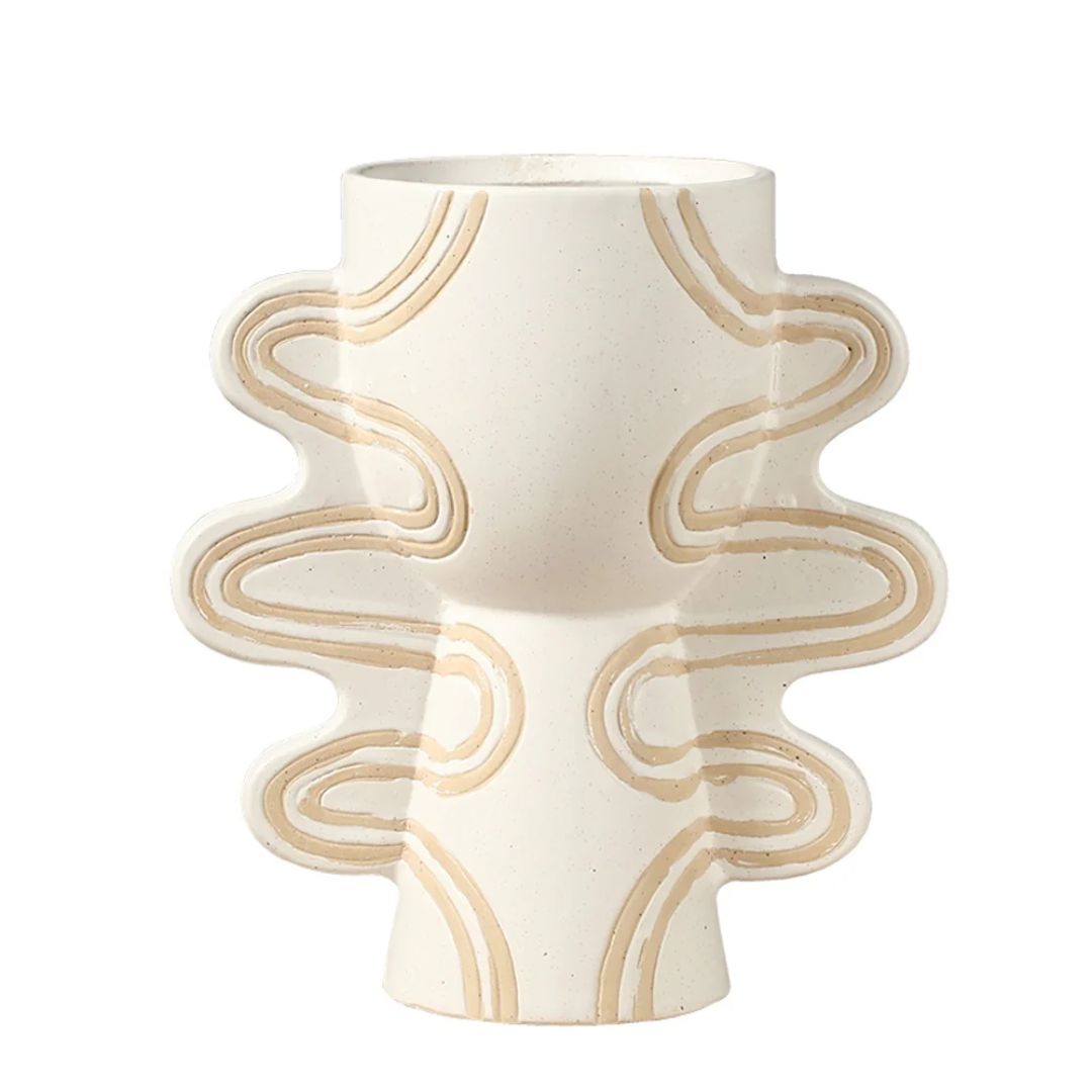 Tribal Civilization White & Beige Ceramic Vase With Handle Detail -B  FD-D24055B -  Vases - ebarza Furniture UAE | Shop Modern Furniture in Abu Dhabi & Dubai - مفروشات ايبازرا في الامارات | تسوق اثاث عصري وديكورات مميزة في دبي وابوظبي