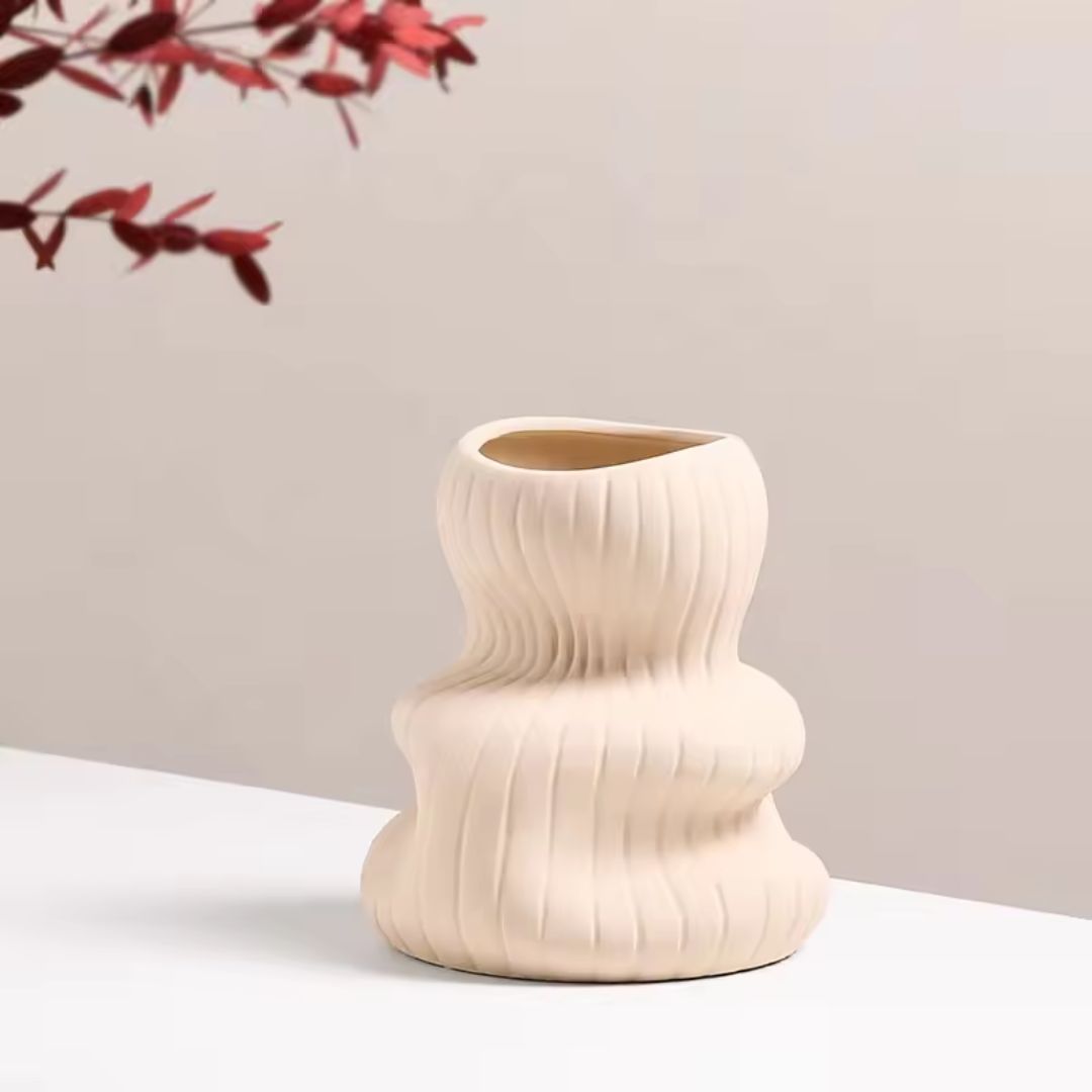 Vertical Curved Bottle - Beige FD-D22115B -  Vases - ebarza Furniture UAE | Shop Modern Furniture in Abu Dhabi & Dubai - مفروشات ايبازرا في الامارات | تسوق اثاث عصري وديكورات مميزة في دبي وابوظبي